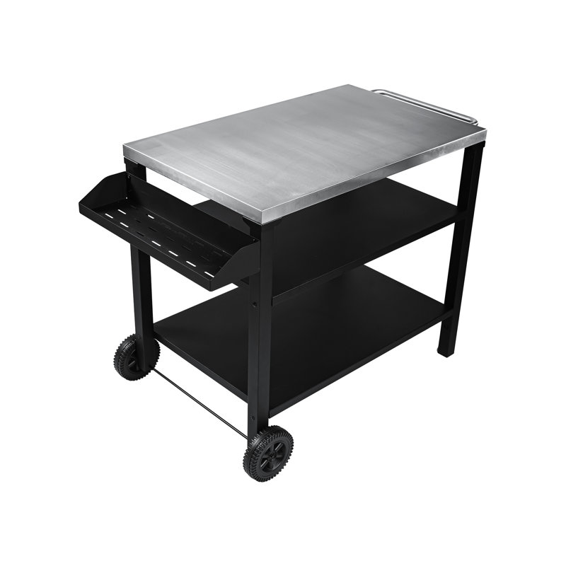 Chariot extérieur de 3 barbecues avec surface en acier inoxydable et tablette latérale, roulettes de table mobiles pour la cour arrière, rouille, articles de gril de rangement spacieux, manipulation facile en douceur, salle à manger multifonctionnelle