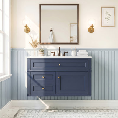 36 inch MDF Wall-Mounted Bathroom Vanity Blue Soft-Close Integrated Ceramic Glossy White Comes with Drawers & 3-Hole Single Ceramic Sink