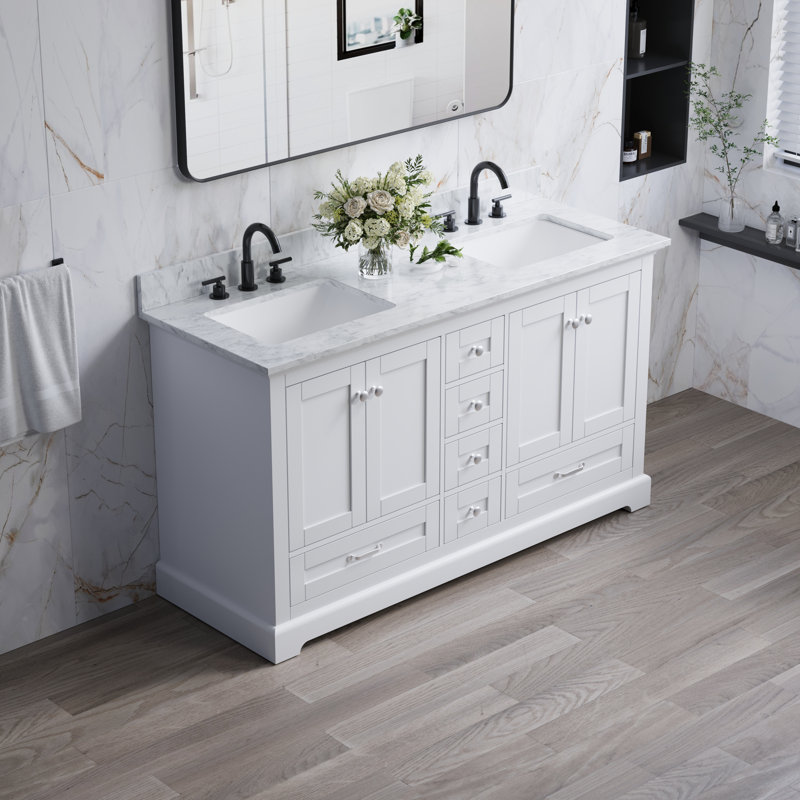 Meuble-lavabo en bois massif 60 po avec comptoir en marbre et lavabo double, Blanc, Blanc de Carrare