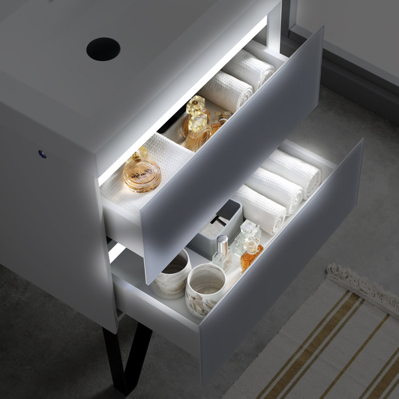 Fahriye 23.56'' Single Bathroom Vanity with Acrylic Top with Mirror, Calacatta White