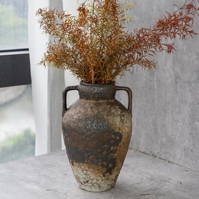 Handmade Ceramic Farmhouse Vase With Dual Handles, Rustic Terracotta Flower Vase For Home Decor, Living Room Table Centerpiece