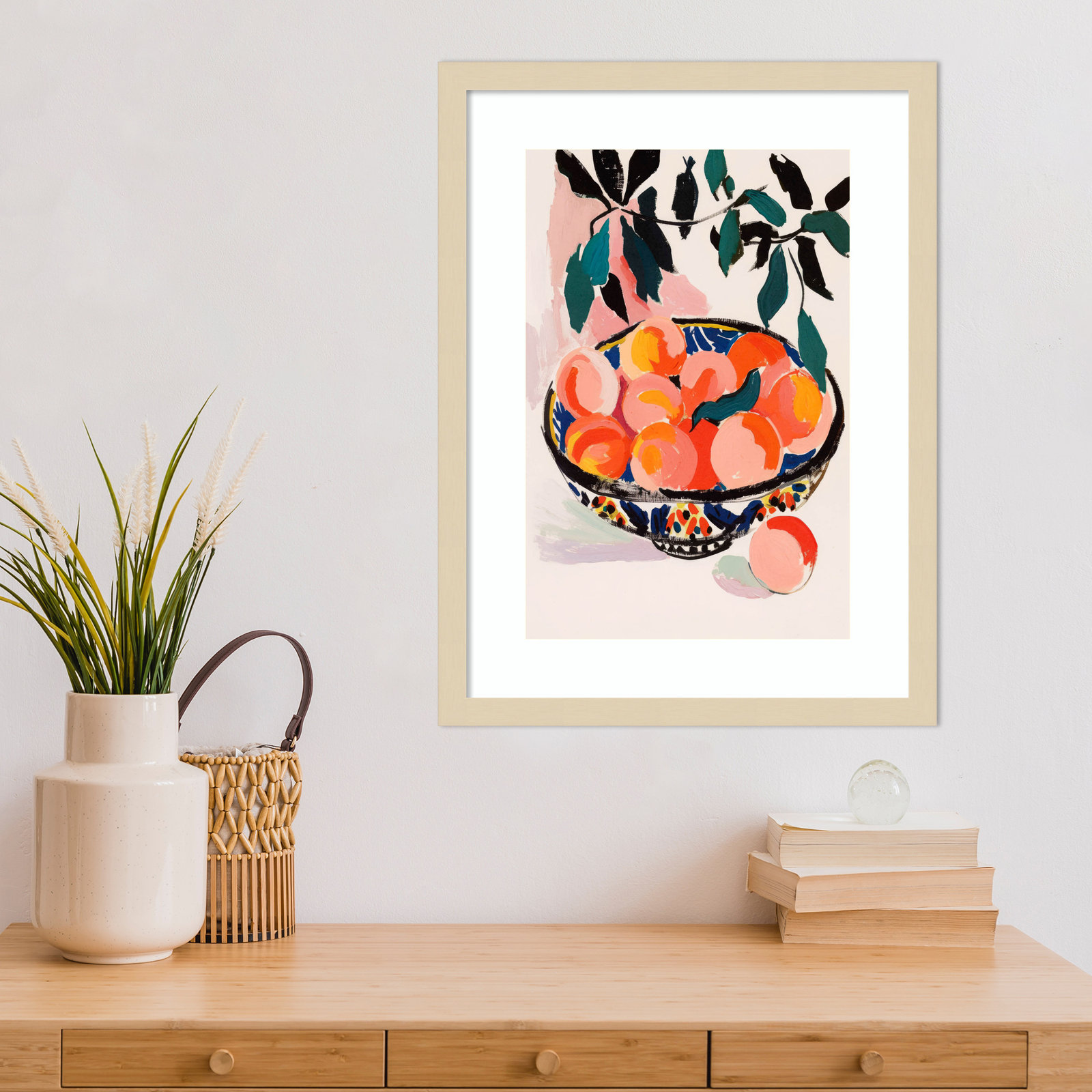 Ottilie "Fresh Peach Fruit Bowl" Print, Brown Framed, 21" H x 16" W