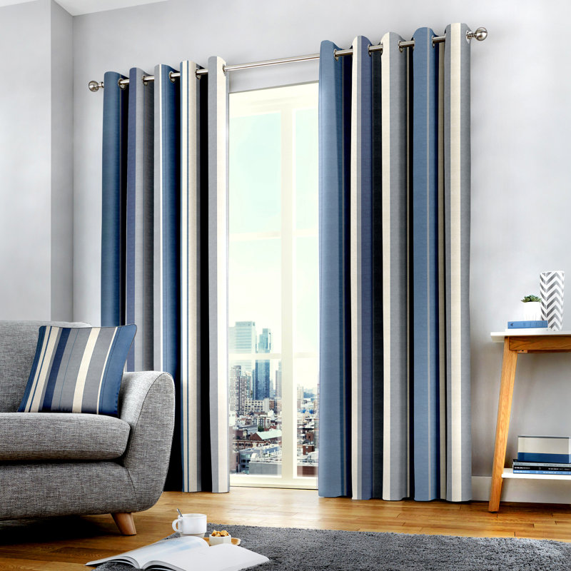 Whitworth Stripe Cotton Sheer Curtain Pair, Blue, Width 168 x Drop 137 cm