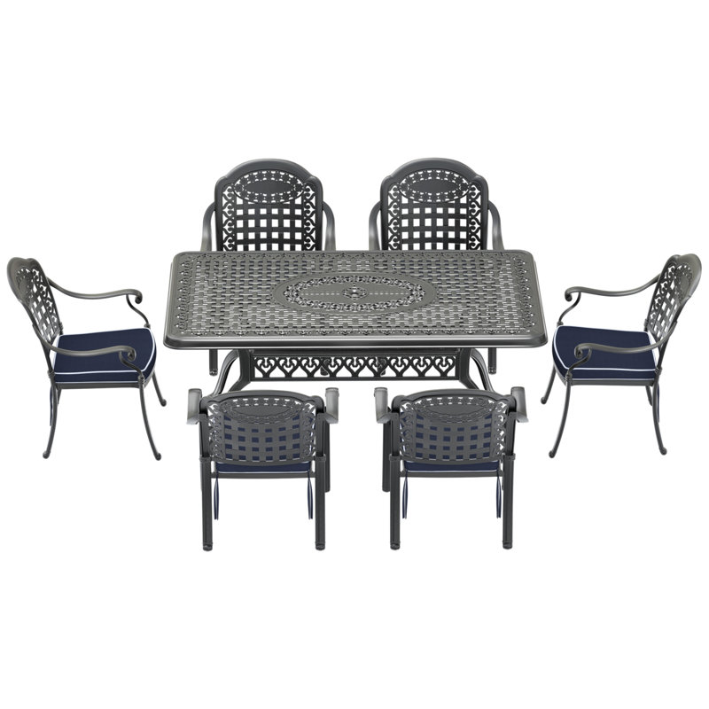 Ensemble de 7 pièces de mobilier de patio en aluminium coulé avec cadre noir et coussins bleus (Identique à: W1710S00591)