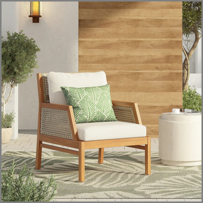 Fauteuil club en bois d'acacia, fauteuil d'extérieur en osier, siège profond avec coussins moelleux pour porche, jardin, cour arrière, balcon, teck et mélange de brun et de crème