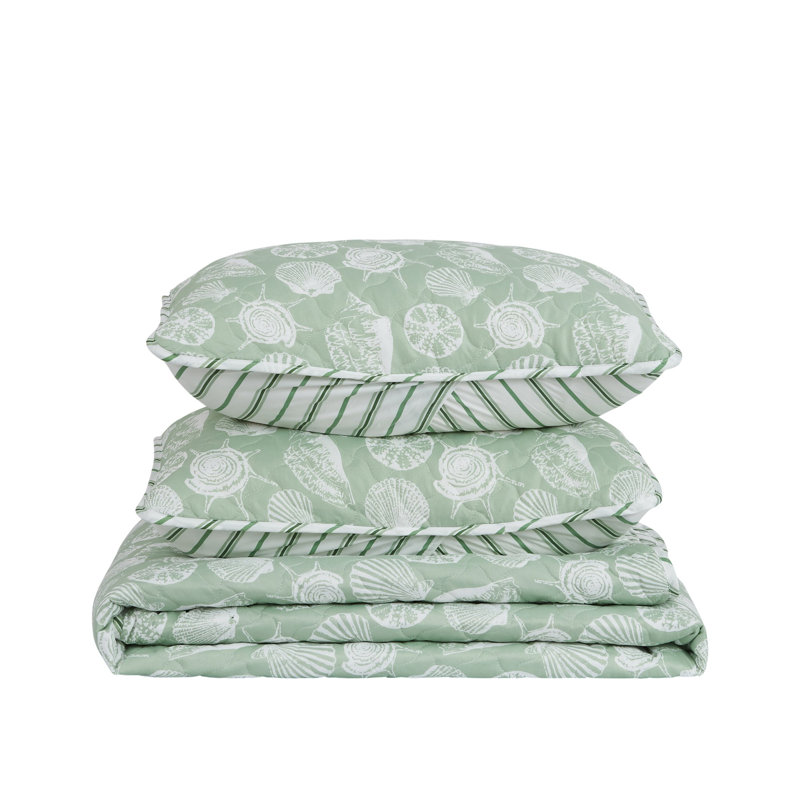 Full Green and White Seashell Reversible Microfiber Quilt Set