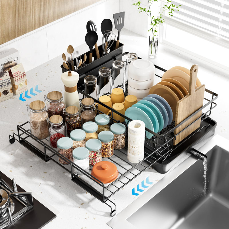 Expandable Black Metal Dish Drying Rack with Utensil Cup
