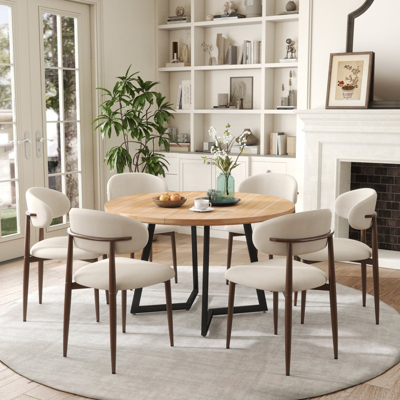 Table de salle à manger ronde en bois avec table à manger en bois pour 4 petits espaces, 7 pièces : table, 6 chaises, Naturel