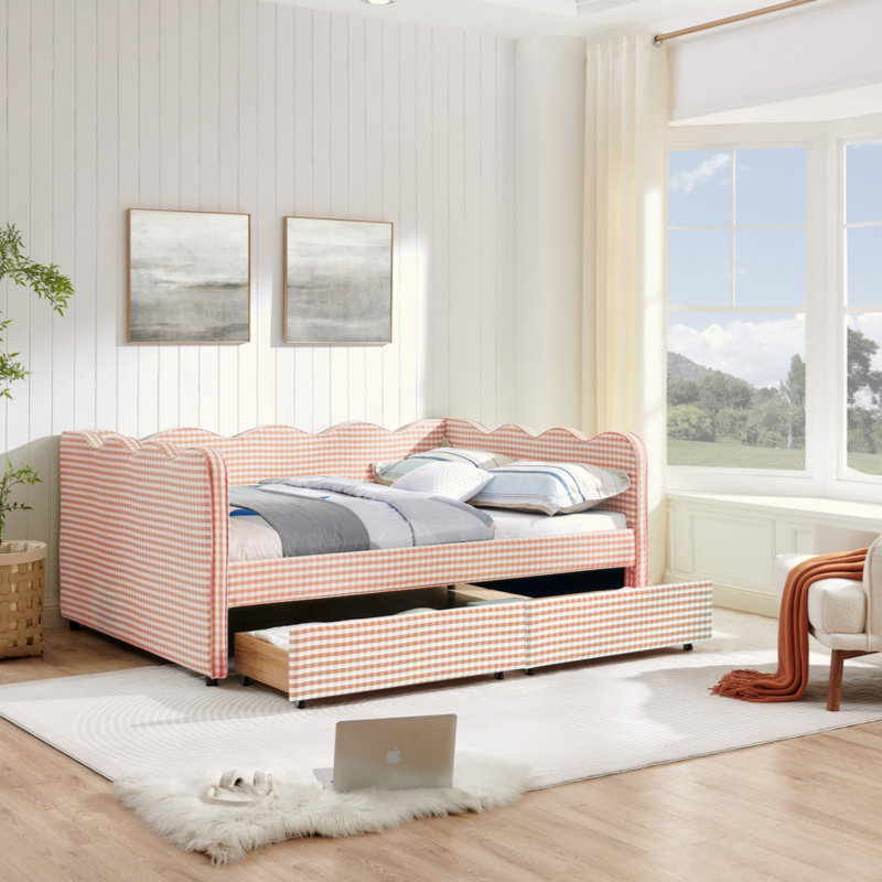 Lit de jour confortable en vichy avec deux tiroirs de rangement, avec port USB et adorable tissu en forme de vague, Rose