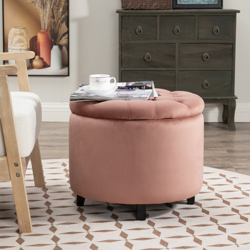 Repose-pieds rond avec rangement en velours Briana, Velours Rose Performance