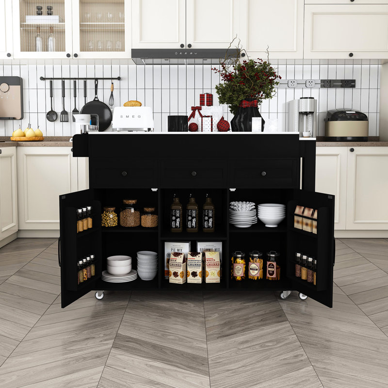 Chariot de cuisine extensible 74,8 po avec finition noire, placage de marbre blanc, rangement, prise de courant et table d'îlot mobile verrouillable, espace de rangement intelligent