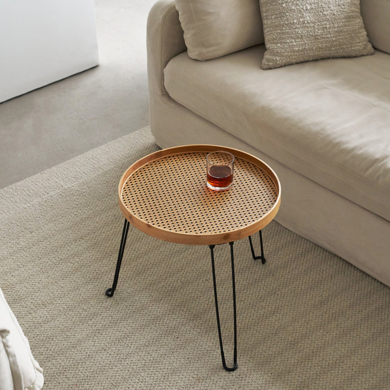 Round Wood And Rattan Side Table, Foldable Table With Metal Tripod, Rattan Round Tray Top, Boho Style, Chic Coffee Table, Side Table (Height 17.7", Grid Knit Pattern)