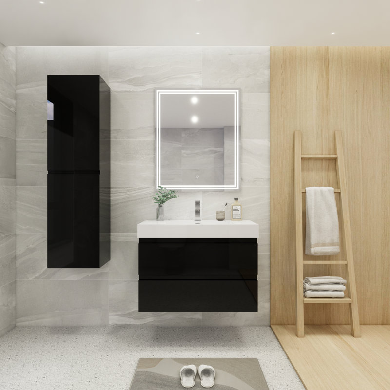 Carneshia 35.4'' Single Bathroom Vanity with Wood, Acrylic Top, High Gloss Black