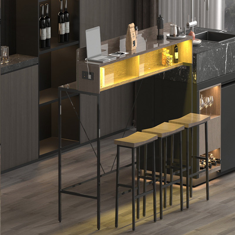 Table de bar 59 pouces avec prises électriques, lumière DEL et 3 tabourets de selle pour le salon et la salle à manger, Gris