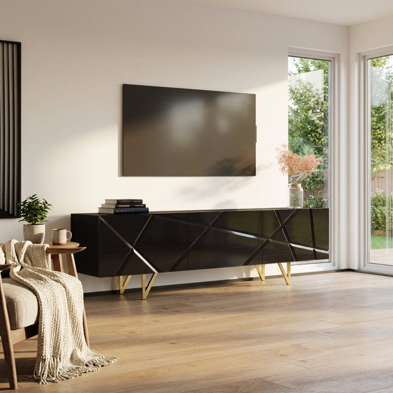 Watchet 70.9" Modern TV Stand with High Gloss Finish, Black