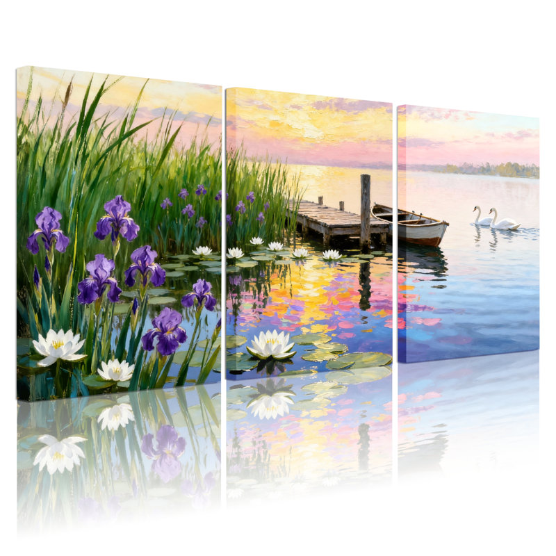 Assortiment de bouquets au bord du lac avec cygnes et fleurs, ensemble de 3 impressions murales sur toile, H 24 po x l 48 po