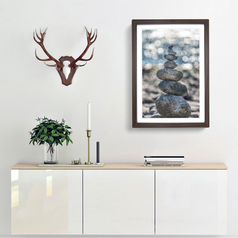 Stacked Zen Stones Painting - Picture Frame Graphic Art, 63cm H x 45cm W x 2cm D, Walnut Framed
