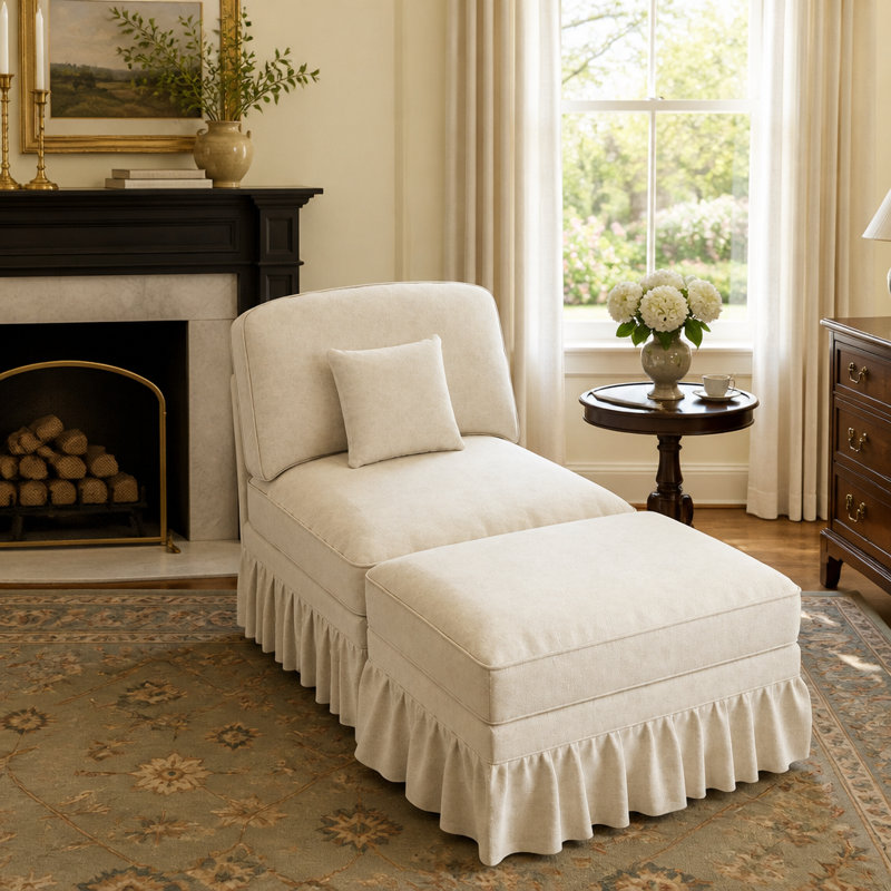 Canapé sans accoudoirs 1 place avec repose-pieds en chenille beige avec jupes amovibles Windsor