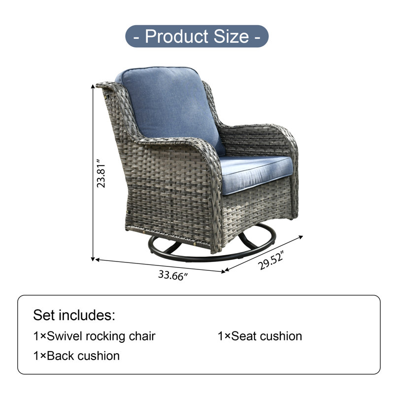 Chaises longues berçantes pivotantes en osier avec coussins, Bleu Demin, Gris