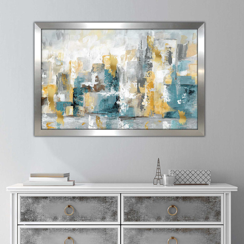 «City Views I», reproduction de peinture acrylique, H 33,5 po x l 49,5 po x P 1 po, Encadrement argenté
