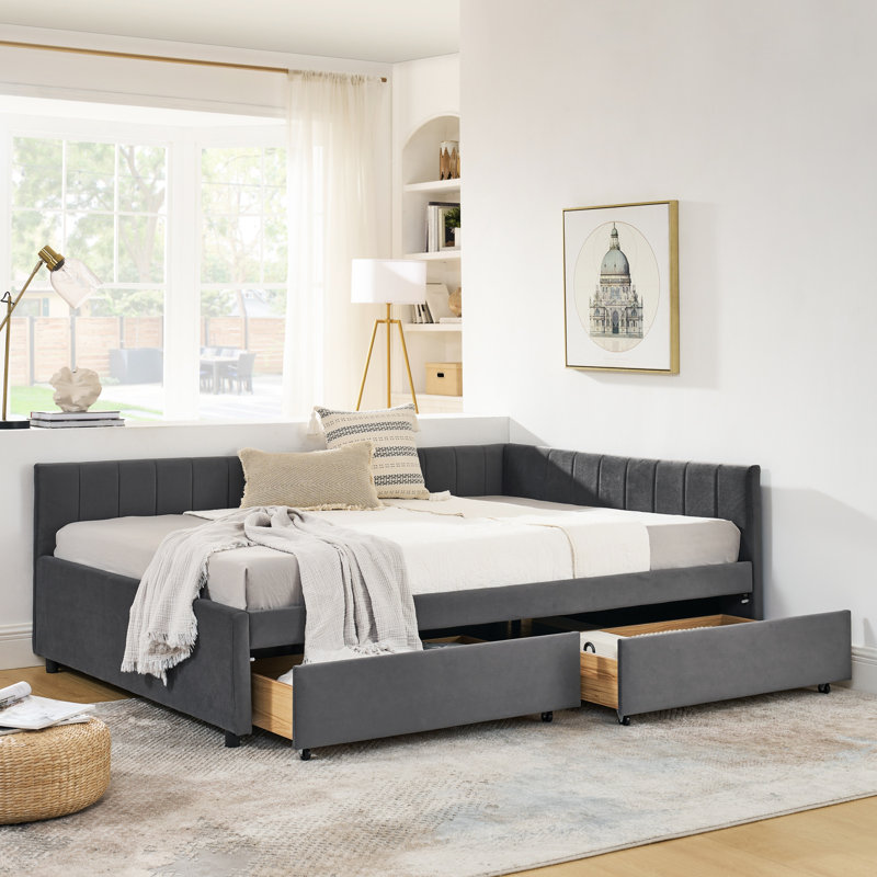 Grey Velvet Bed Frame, Full Size With Two Drawers, And Vertical Stripe , Comfortable Seating Arrangement, Suitable For Cafe Bedroom Decor Various Use, Office Space