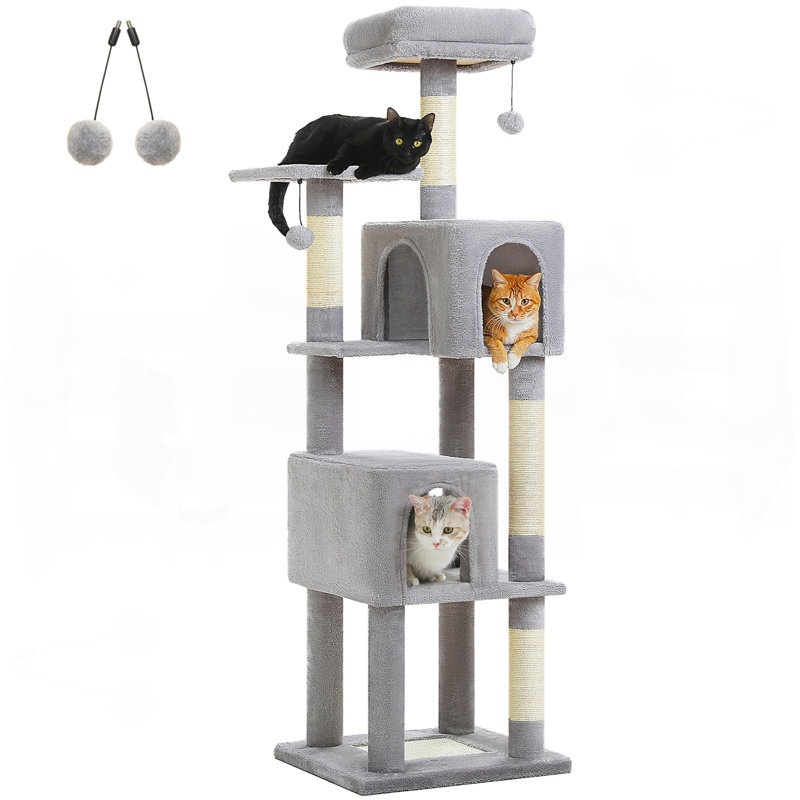 Arbre à chat pour chats d'intérieur, tour de chat à plusieurs niveaux de 62 po avec 2 condos spacieux, patin à gratter, 4 poteaux à griffer, 2 perchoirs, 2 pompons