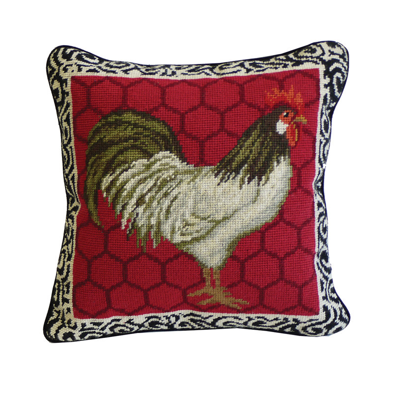 Red Black & White Rooster Needlepoint Pillow