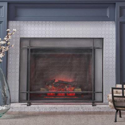 Tarini Single Panel Fireplace Screen Stand Alone, Geometric Design Steel Mesh Fireplace Doors