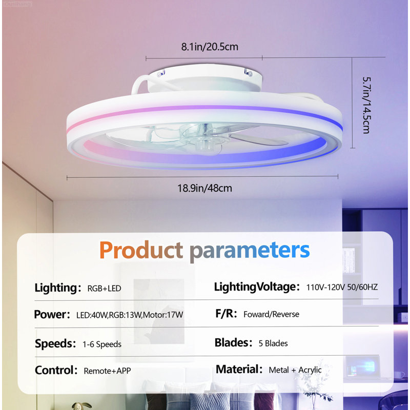 Ventilateur de plafond encastré moderne à intensité variable RVB blanc, White