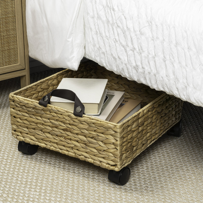 Adaline 18.11" Classic Farmhouse Handwoven Hyacinth Rectangular Underbed Storage Bin with Wheels and Handles, Natural