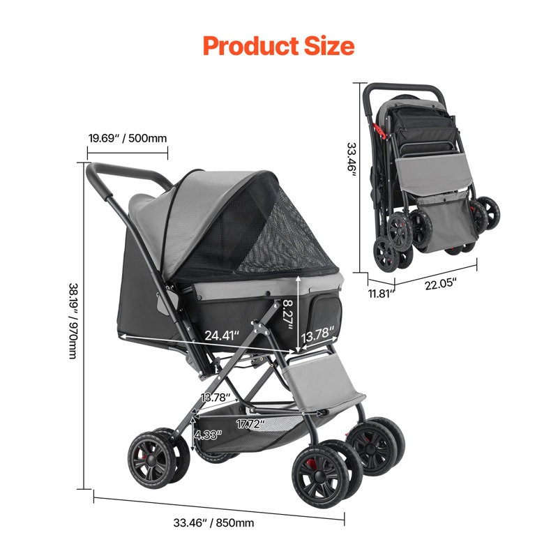 Pet Stroller Foldable 4 Wheels Travel Dog Stroller Reversible Handle up to 44lbs