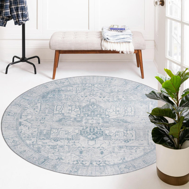 Tapis transitionnel de couleur ivoire / bleu sarcelle, Rond 3 pi 6 po