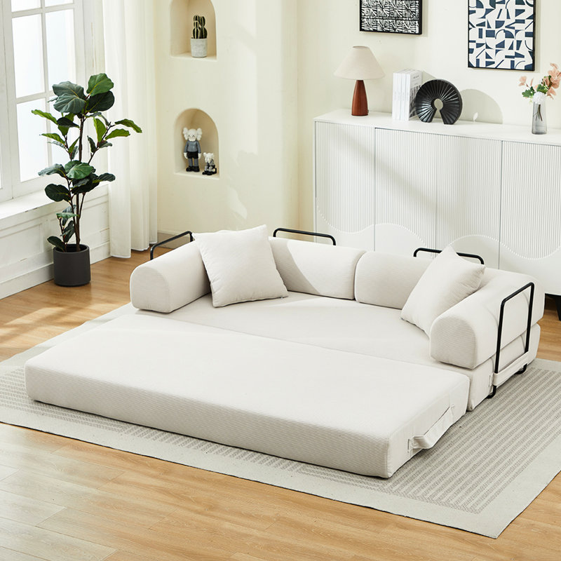 Convertible 78.5" 3 - Seater Bed, Fold Out Futon With 2 Pillows, Corduroy Material, Foam Spring Mattress For Apartment, Vacuum Packed, No Assembly Required Couch Beige Corduroy, Floor Needed