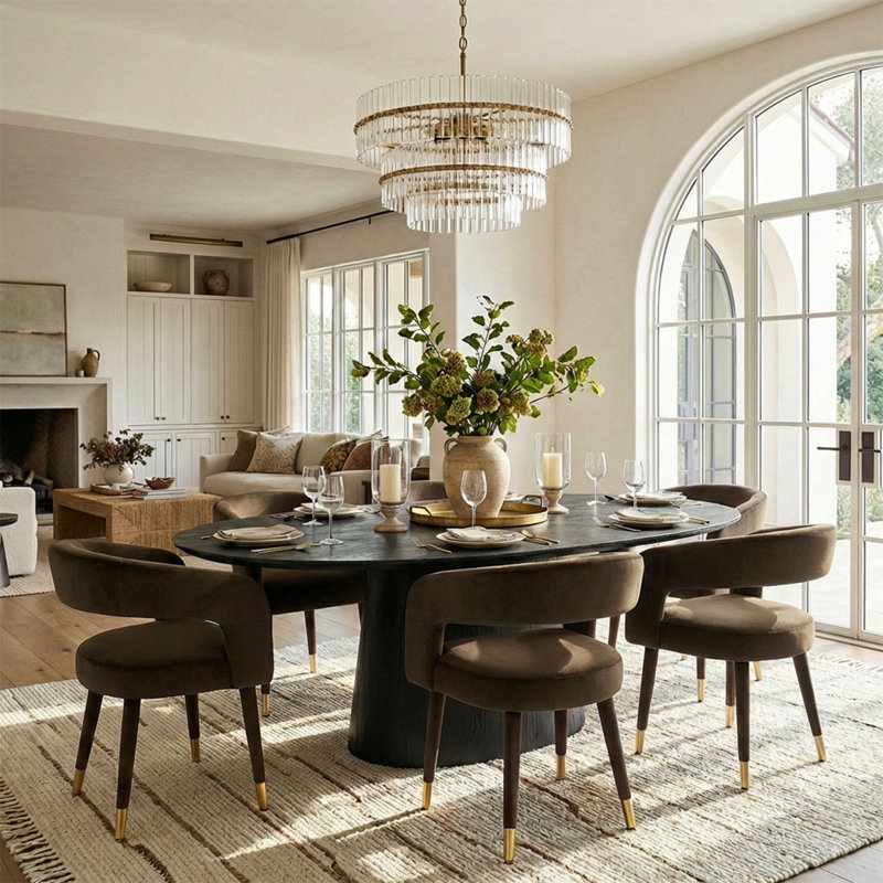 Modern Velvet Dining Chairs, Barrel Back Armchairs with Fabric-Wrapped Legs, Chocolate Brown