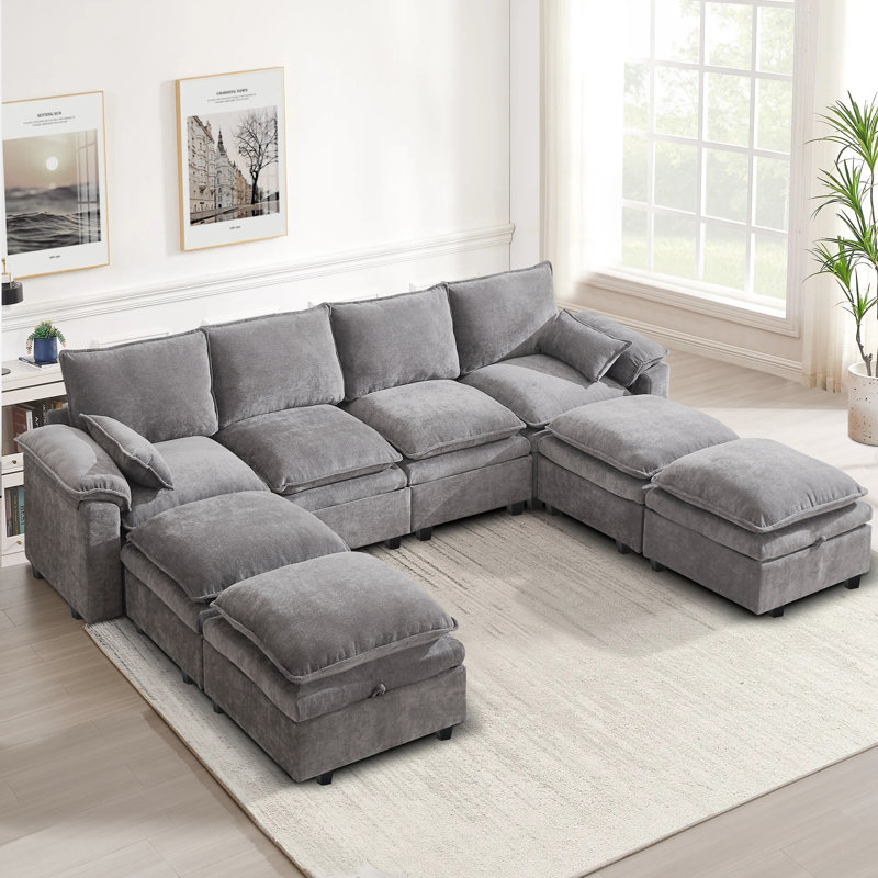 8 Seat Chenille U Shaped Modular Sectional Sofa With Storage, Light Gray