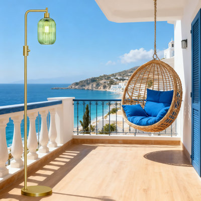 Modern Dimmable Glass Floor Lamp With Ribbed Shade, Gold Arc Standing Lamp For Living Room, Bedroom & Office, 2700K LED Bulb Included