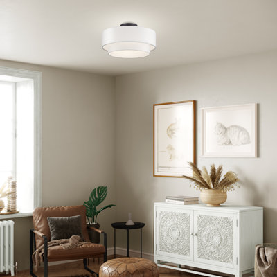 3 Light Soft Gold Large Semi-Flush With Hand Crafted Off-White Color Fabric Hardback Shades