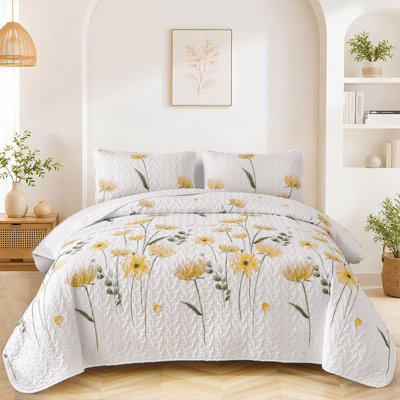 3 Pieces Floral Quilt Set Lightweight Farmhouse Style Coverlet Sets For All Season