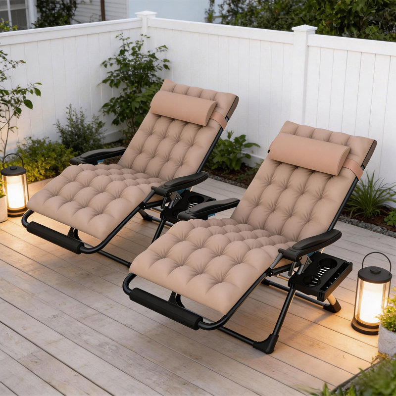 Oversized 33” Xxl Zero Gravity Chair 2Pcs Set, 500 Lbs Heavy Duty Reclining Patio Lounge Chair With Aluminum Alloy Lock, Detachable Cushion, Pillow & Large Cup Holder, Foldable Outdoor Chair