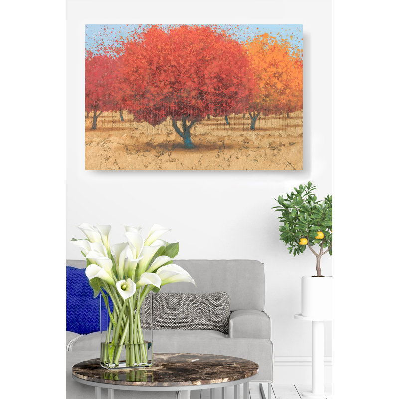 Oranges rouges, sol brun clair, doré, reproduction de peinture, brun, noir, forêt, rouge vif, ciel bleu