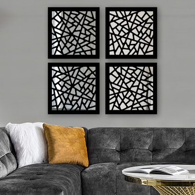 Elegant Mirror Set (4 Pieces), Silver Finish, 7.9 x 7.9 inches | 100% Glass with 0.12 inch MDF Laser Cut Pattern | Easy Wall Hanging Design | Perfect for Home Decor, Living Room & Bedroom Accents