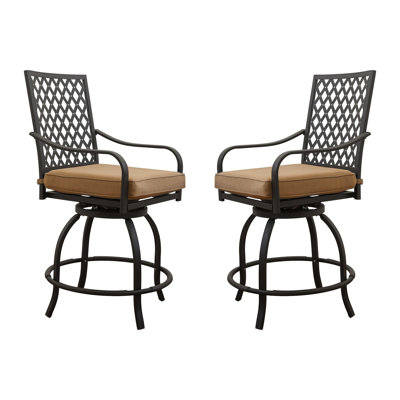 Outdoor Living Swivels Bar Stools, Khaki  2 Chairs  - Garden, Balcony, Backyard, Deck 360 Spin, Relaxing Seat, Metal Construction Bistro Swivel Chairs Comfy Cushion & Degrees Spin For Garden Backyard