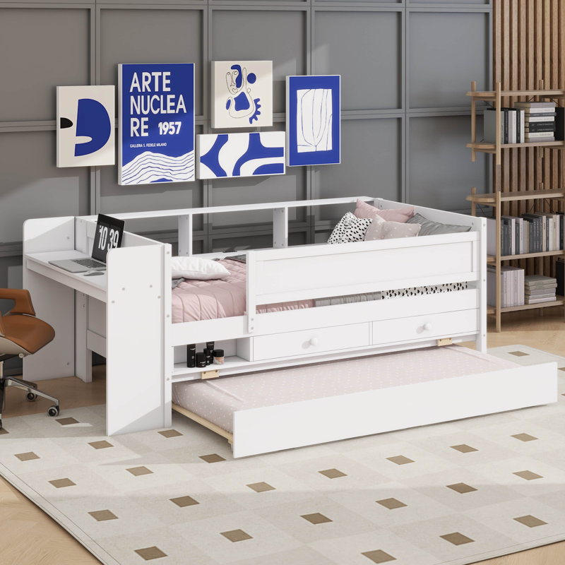 Lit de jour simple multifonctionnel avec tiroirs de rangement intégrés pour tête de lit et port de charge USB, Blanc
