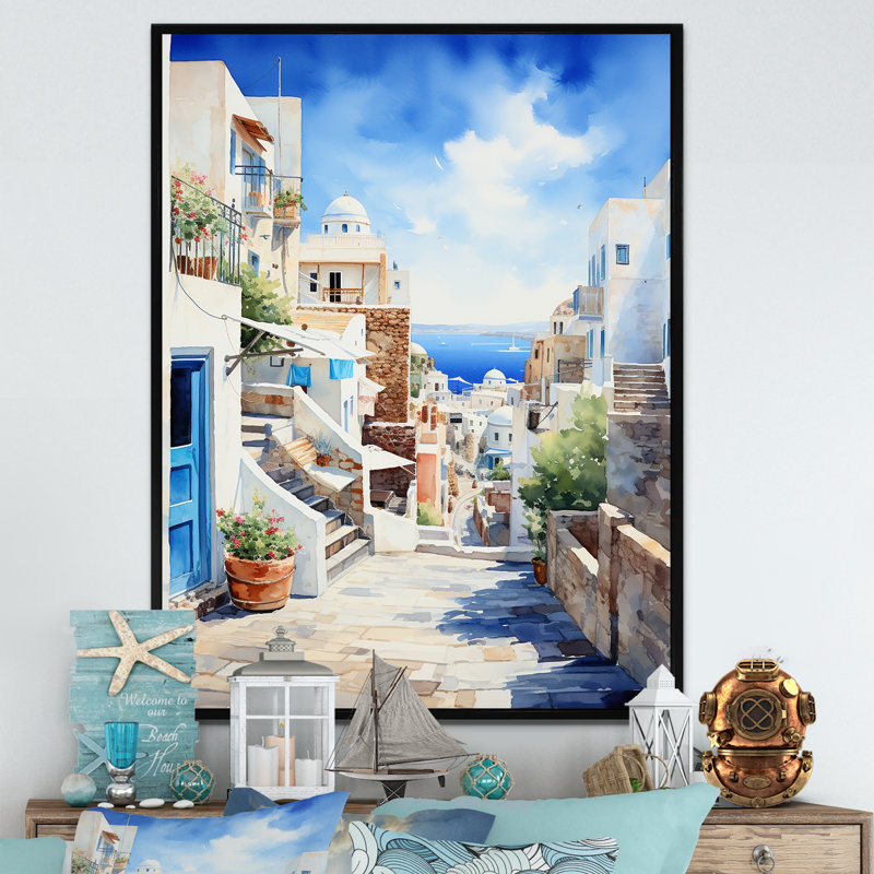 Rêves du village de Santorini, îles grecques I, Cadre flottant noir, 44" H x 34" W