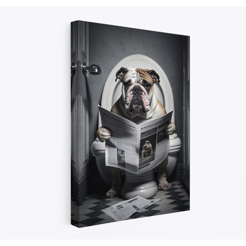 Bulldog Sat On Toilet Reading Newspaper - Wrapped Canvas Print