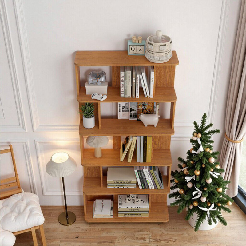5-Tier Engineered Wood Bookcase, 64.56" Tall Organizer Display Shelves, Dark Oak