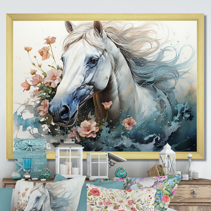 Aquarelle, cheval au galop - décoration murale cheval, H 34 po x l 44 po x P 1,5 po, Cadre doré simple