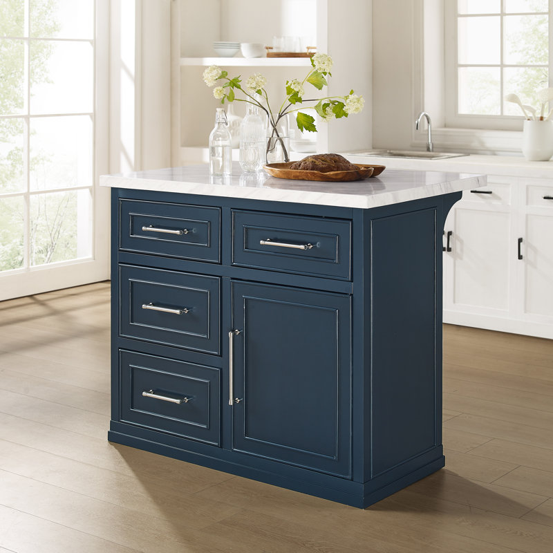Îlot de cuisine en bois manufacturé avec plateau en faux marbre de 42 po de largeur , Marine