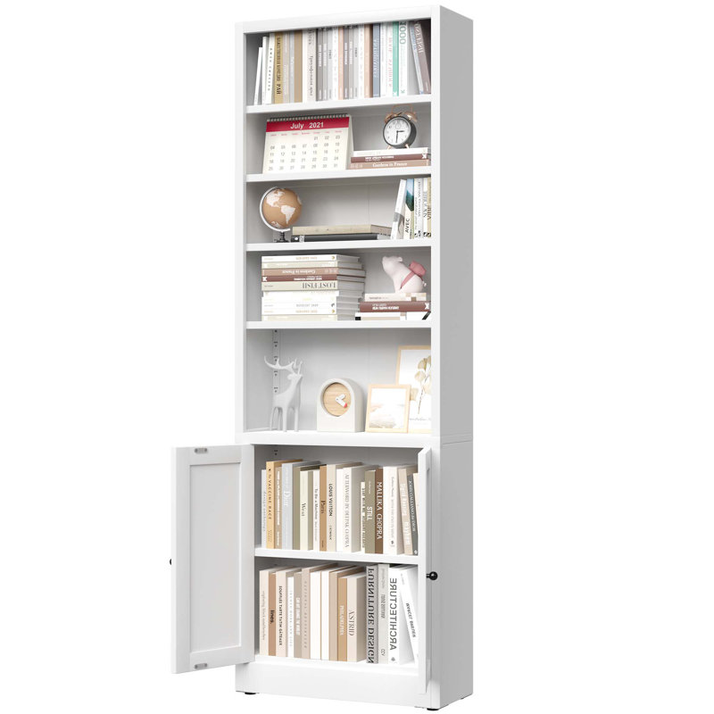 Metal Bookcase, 71 Inch Tall 5-Tier Bookshelf With Door, Industrial White Bookshelf With Adjustable Shelves, 9.2" Deep Storage Shelf For Living Room, Office, Library, Modern Home Furniture