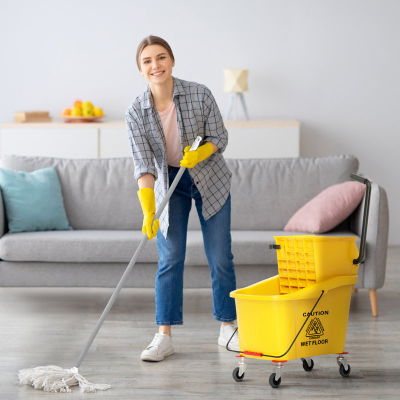 Mop Bucket with Wringer on Wheels for Floor Cleaning, 38 Quart Down Press Wringer with Handle and Mop, Yellow